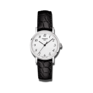 Tissot Everytime LadyDamenuhr mit weißem Zifferblatt und Armband aus Kalbsleder mit Krokodilprägung.