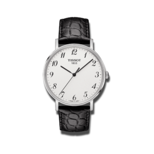 Tissot Everytime Medium Armbanduhr mit weißem Zifferblatt und Armband aus Kalbsleder mit Krokodilprägung. 