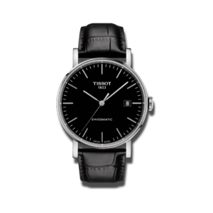 Tissot Everytime Swissmatic Armbanduhr mit schwarzem Zifferblatt und Armband aus Kalbsleder mit Krokodilprägung.