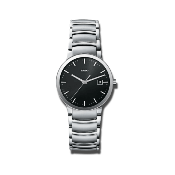 Rado Centrix L Quarz Armbanduhr mit schwarzem Zifferblatt und Edelstahlarmband
